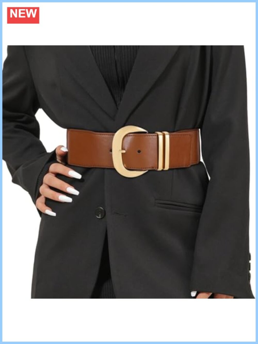 Wide Elastic Waist Belt for Dresses with Gold Buckle Stretchy PU Leather